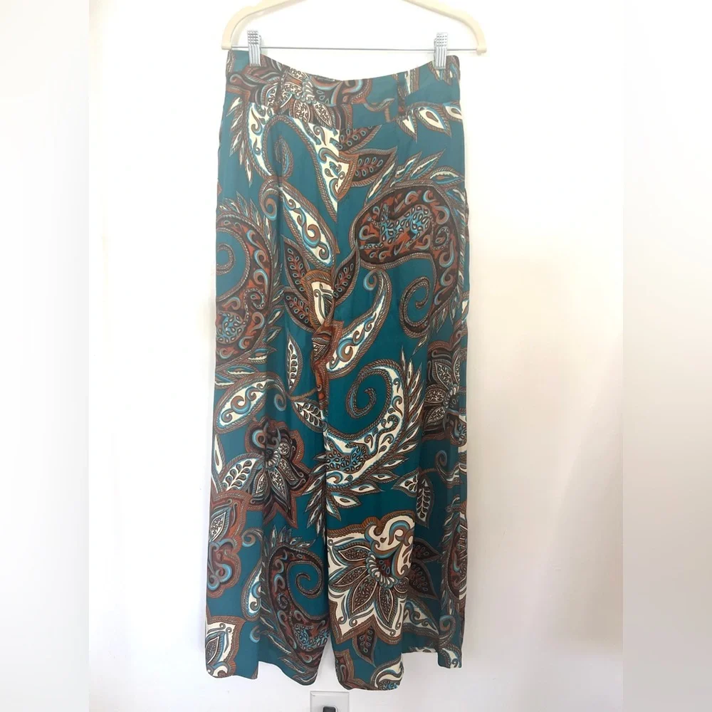 FARM Rio Teal & Brown Paisley Wide-Leg Palazzo Pants - Picture 10 of 13
